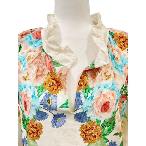 Kaktus Italy 100% Linen Floral Notched V Ruffle Neck Tunic Top Womens Large - Picture 2 of 9
